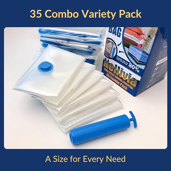 35 Pack Vacuum Storage Bags with Pump, Compression Space Saver for Comforters, Bedding, Blanket Storage, Vacuum Seal Bags for Clothing, Luggage and Closet Organizer, Safe Poly Material