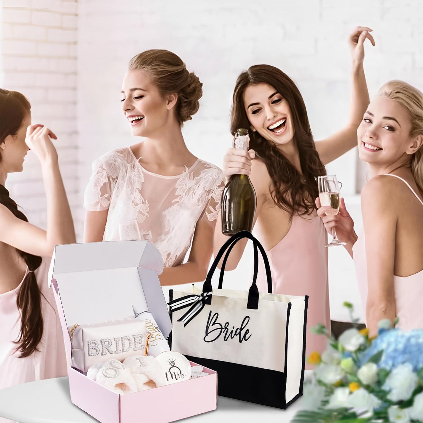 Bridal Shower Gifts–7-Piece Birde Gift Set with Tumbler, Tote, Slippers, Makeup Bag & More-Gift for Bride to be– Bachelorette Gifts for Her-Bridal Shower Decorations