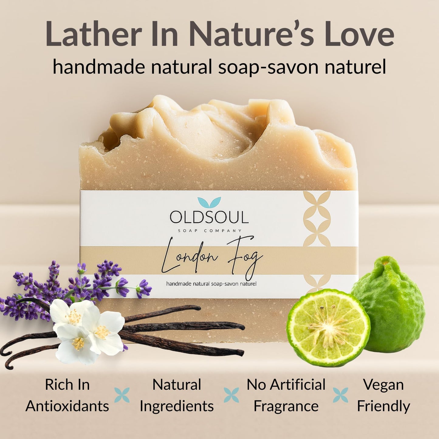 Old Soul Soap Company - London Fog Soap Collection Soap Bar – Skin Renewing, Vegan-Friendly with Lavender, Bergamot & Vanilla Oil – Deep Cleansing & Nourishing for Glowing Skin – 5.8 oz Pack 4