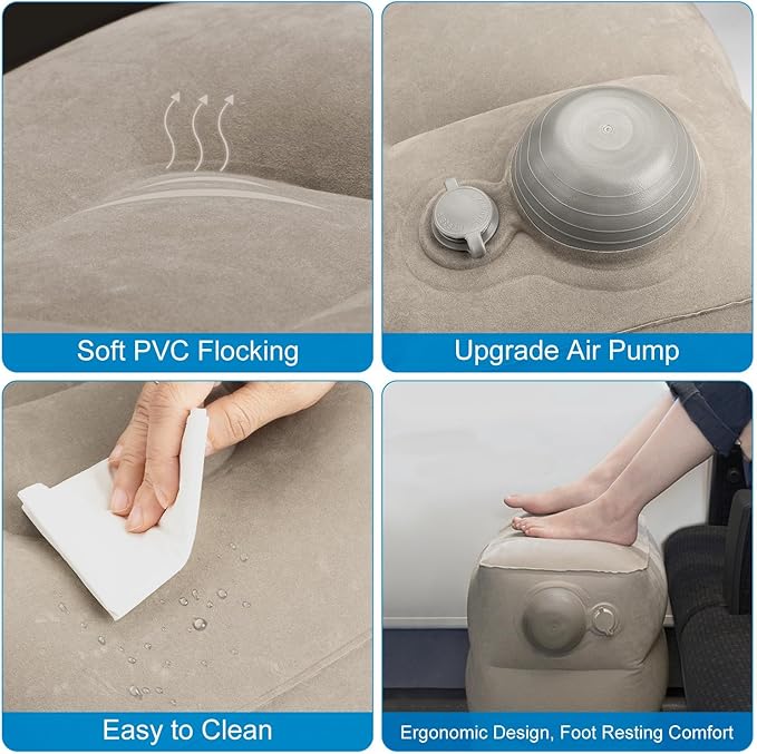 Inflatable Travel Foot Rest Pillow, 2 Pack Airplane Foot Rest Pillows, Portable Inflatable Leg Rest Pillow Flights Seat Extender with Storage Bag for Plane, Car, Train (2Pack Grey)