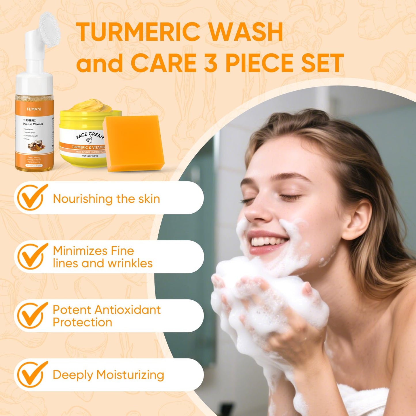 Turmeric Soap Bar and Turmeric Face Cream and Turmeric Face Wash Set for Face & Body, Facial Cleanser, Soothing, Hydrating Skin Care Set for All Skin Type, Cleansing Mousse, Bring a Bubble Net
