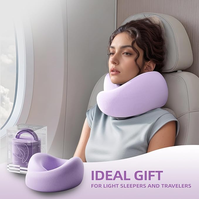 Travel Pillow - Memory Foam Neck Pillow Airplane, Neck Travel Airplane Pillow for Long Flight, 360º Support, Machine Washable (Purple)