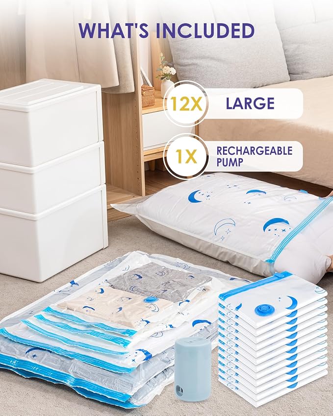 Vacuum Storage Bags with Rechargeable Pump,12 Pack Large Size (22.0"x31.4") Vacuum Sealed Space Save Bag with 1500mAh Pump for Clothes, Blanket, Duvets, Pillows, Comforters, Quilt, Travel, Moving