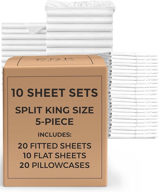 Bulk Case Pack of 10 Sheet Sets - (10) Complete Sheet Sets - Bulk Split King Bedding - Wholesale Case Pack for Hotels & Airbnbs - Deep Pocket & Wrinkle Free - Cooling & Breathable - Split King, White