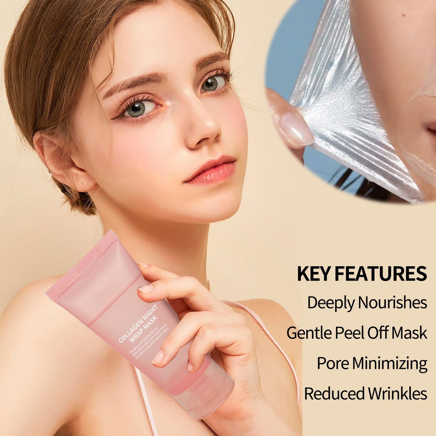 2025 Collagen Overnight Wrapping Peel Off Facial Mask with Jelly Brush, Elasticity & Hydration, Natural Ingredients for Firmer Skin, Reduces Sagging & Dullness, Korean Skin Care（75ml, 2.54 fl.oz)