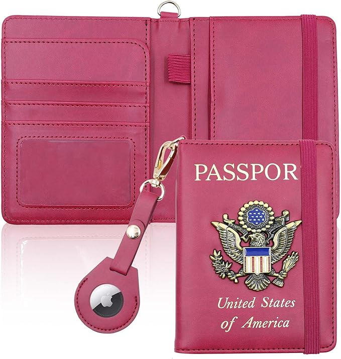 Cnycmy Passport Holder with Airtag,Passport-Wallet-Holder for Women, RFID Passport Holder with Slot Waterproof, PU Leather Travel Passport Case (wine red1)