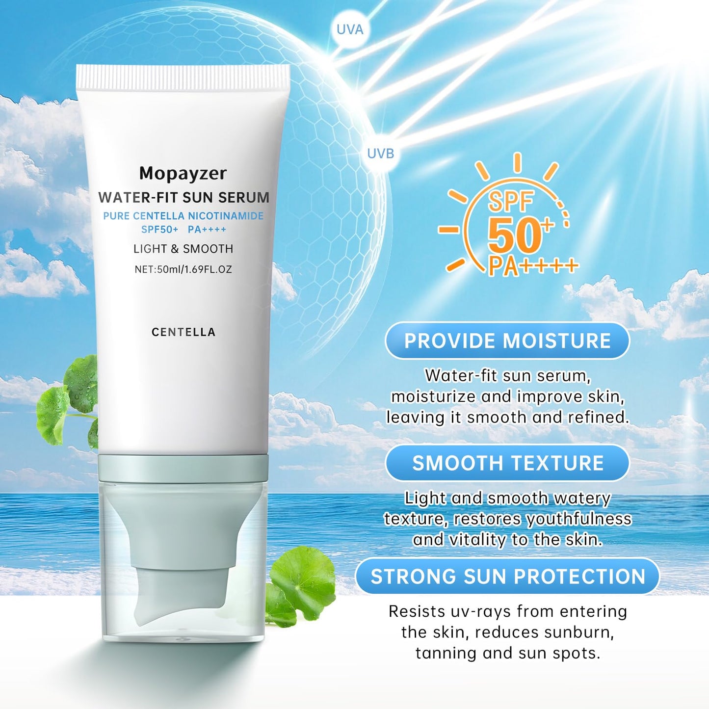 Centella Sunscreen SPF 50, Hyalu Cica Sunscreen for Face, Water Resistant Strong UV Protection No White Cast, Madagascar Face Sun Screen Oil Free, Water Fit Sun Serum(Blue 1)