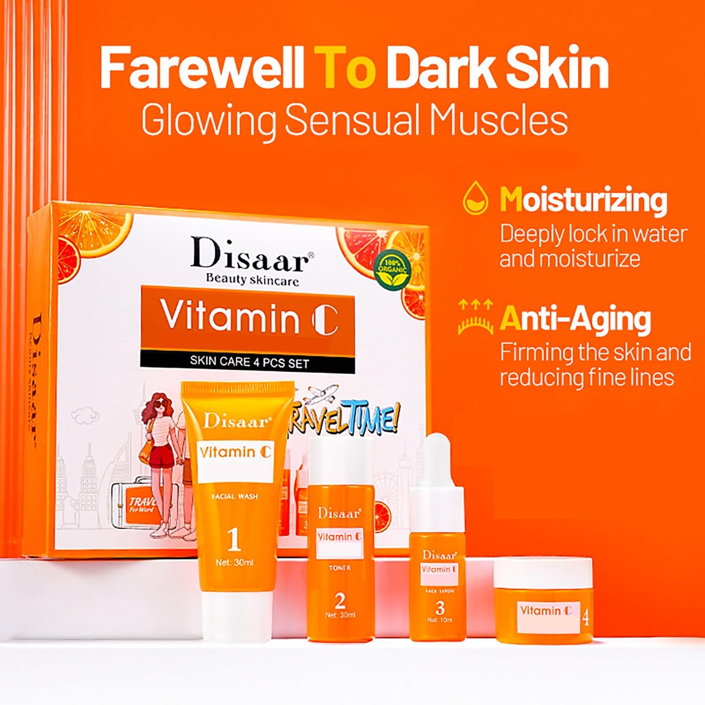 DISAAR BEAUTY Vitamin C Organic Orange Extract Skin Care Set Facial Wash Toner Serum Face Cream Moisturizing Reduce Wrinkles Hydrate 30ml+30ml+10ml+15g 4PCS
