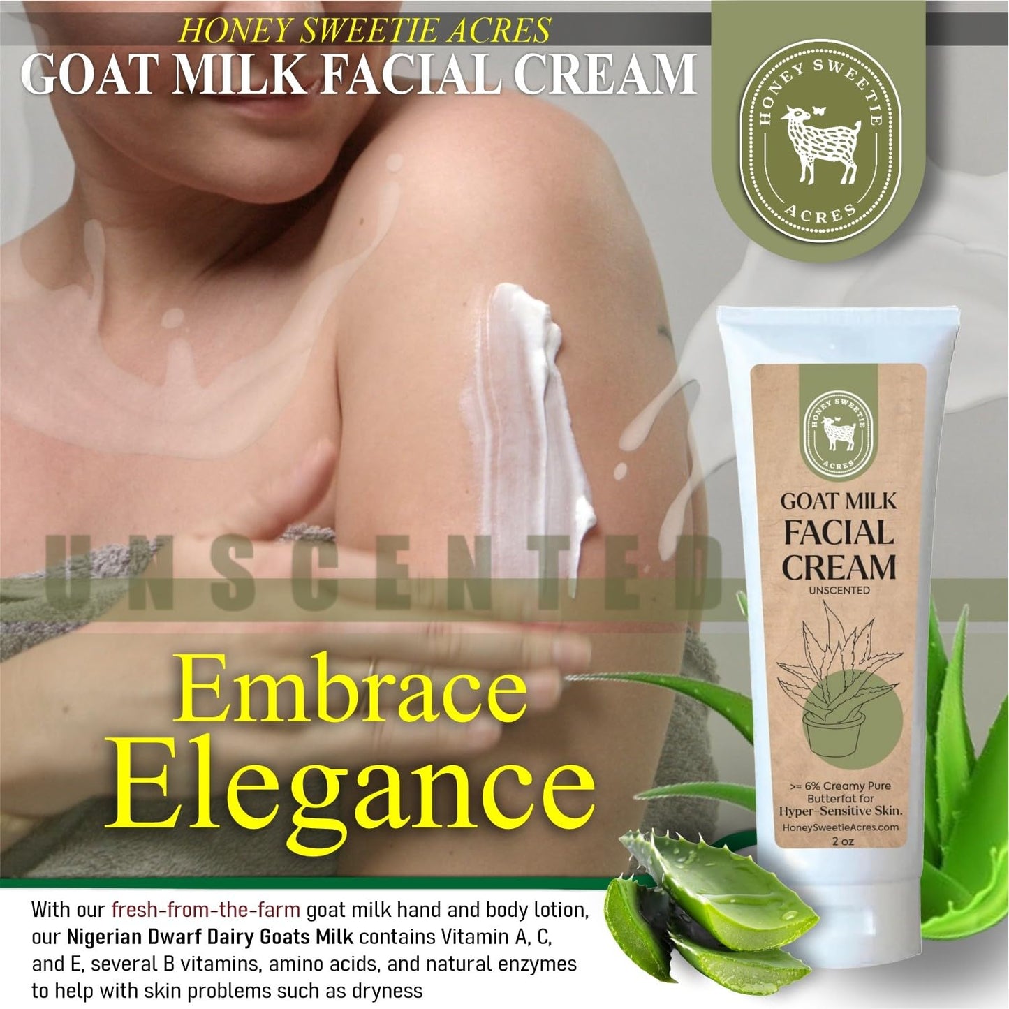 Honey Sweetie Acres Goat Milk Facial Cream – 2 oz – Moisturizer with Aloe, Jojoba & Avocado Oils, Fragrance-Free & Paraben-Free Face Cream