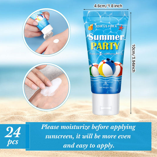 Dansib 24 Pcs Mini Sunscreen Bulk for Summer Wedding Party Spf 30 Water Resistant Sunscreen Lotion Bulk 1oz Travel Size for Thank You Gifts Wedding Party Supplies(White Cream,Beach Ball)