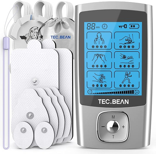 24 Modes Tens Unit Muscle Stimulator, Rechargeable Tens Machine with 8 Electrode Pads (American Gel), Electric Pulse Massager for Pain Relief Therapy(Silver)