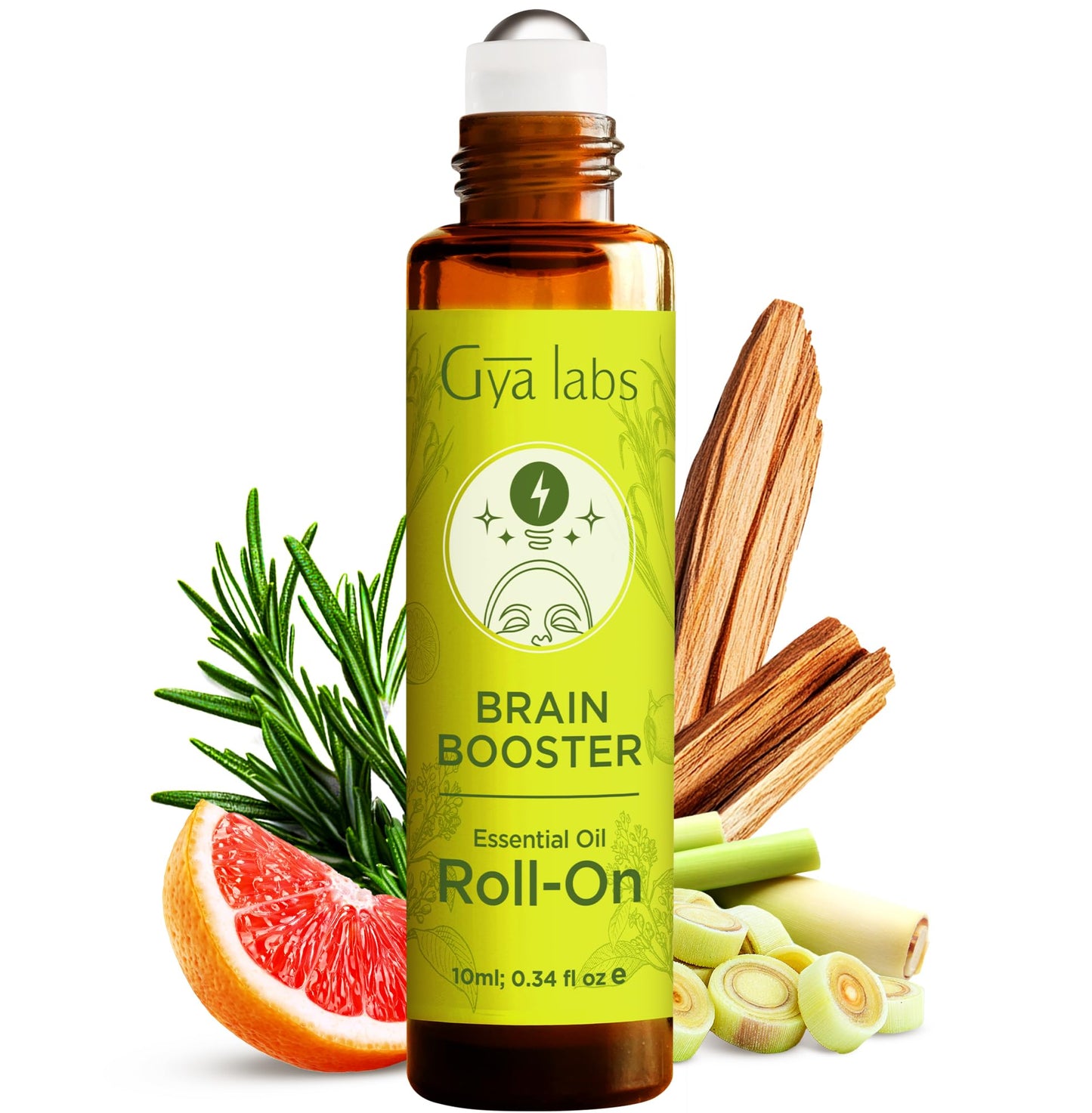 Gya Labs Brain Booster Essential Oil Roll on - Refreshing Brain Essential Oils Roller, 100% Pure Natural, Blend with Rosemary, Sandalwood, Lemongrass & Grapefruit, Travel Size (0.34 Fl Oz)