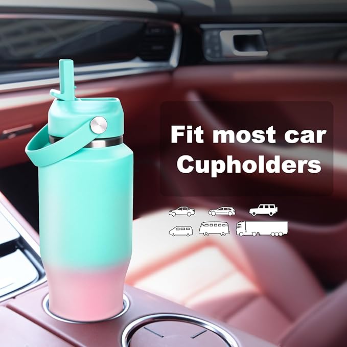 32oz Insulated Water Bottle, Fit in Any Car Cup Holder, Water Bottle with Straw Lids, Stainless Steel Insulated Water Flask Double Wall Leak-proof BPA Free to Keep Cold&Hot