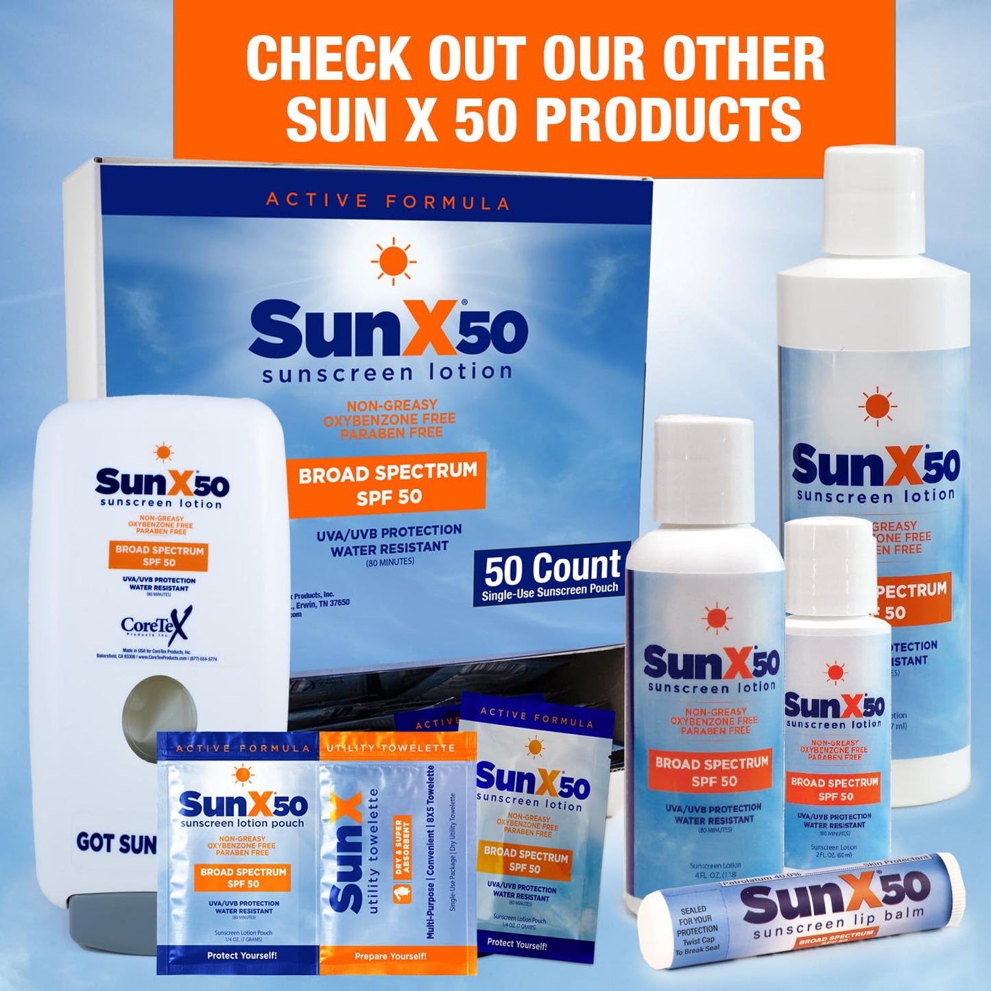 CoreTex Sun X 50 Broad Spectrum Sunscreen Packets & Dry Towels Duo Kit - Pack of 25 Paraben, Oxybenzone, Octinoxate, & Oil Free Sunscreen - No White Cast and Water & Sweat Resistant Up to 80 Minutes