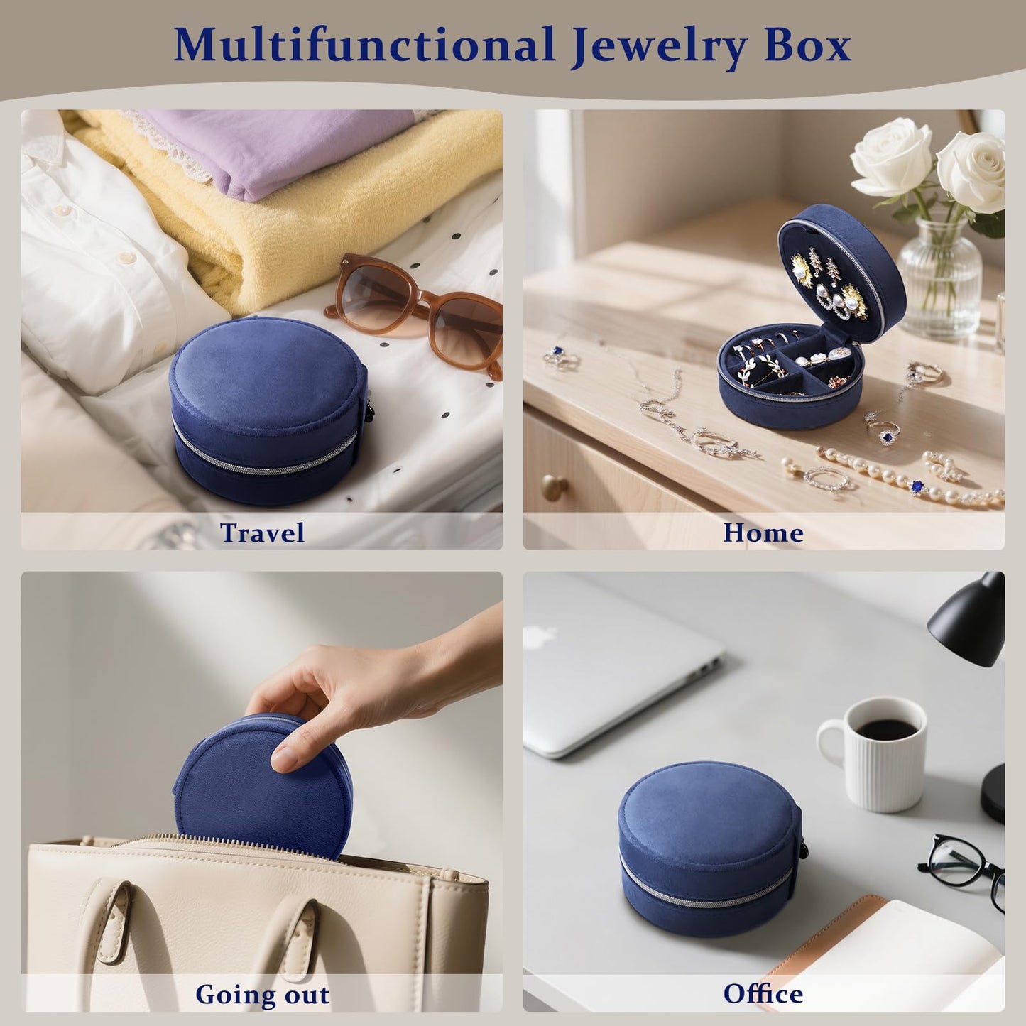 CONBOLA Travel Jewelry Case Small Jewelry Box for Women Girls,Round Velvet Jewelry Travel Organizer,Portable Jewelry Box for Rings Earrings Necklaces Bracelets.(Blue,Large)