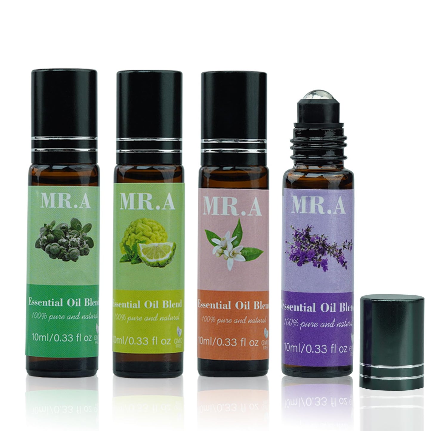 4 Pack Essential Roll On Blend Oils Set, 100% Natural Fragrance Oil, Aromatherapy Roll On Blend Oil with Pure Lavender, Petitgrain, Bergamot, Marjoram Oil, Gift for Women Men 0.33 fl.oz
