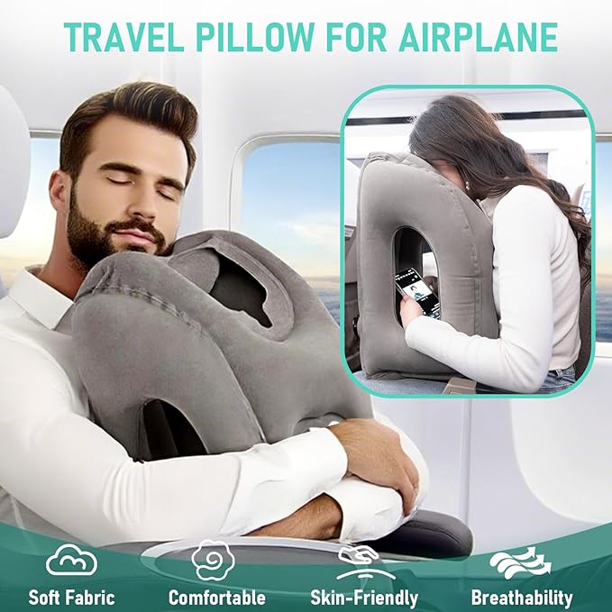 Inflatable Travel Pillow for Airplanes, Airplane Pillow for Supports Neck, Used for Planes, Trains, Cars, Includes Storage Bag, Eye Mask & Earplugs (Grey)