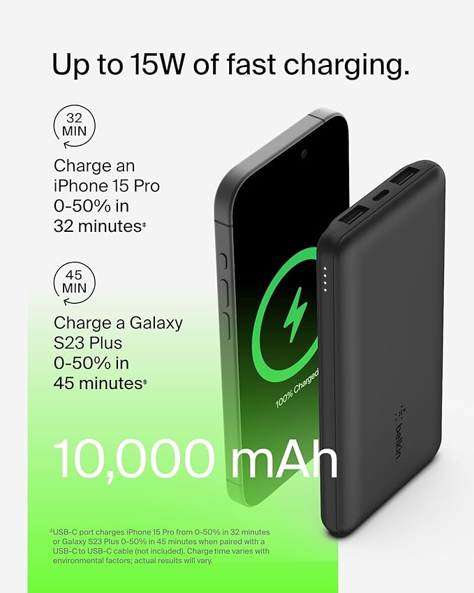 Belkin Portable Charger, USB C Power Bank 10000 mAh w/ 2xUSB-A Ports, 15W w/ Type-C to Type-A Cable for iPhone 17, Air, Pro, Samsung Galaxy S25, Nintendo Switch 2, Google Pixel 10, etc. - Black