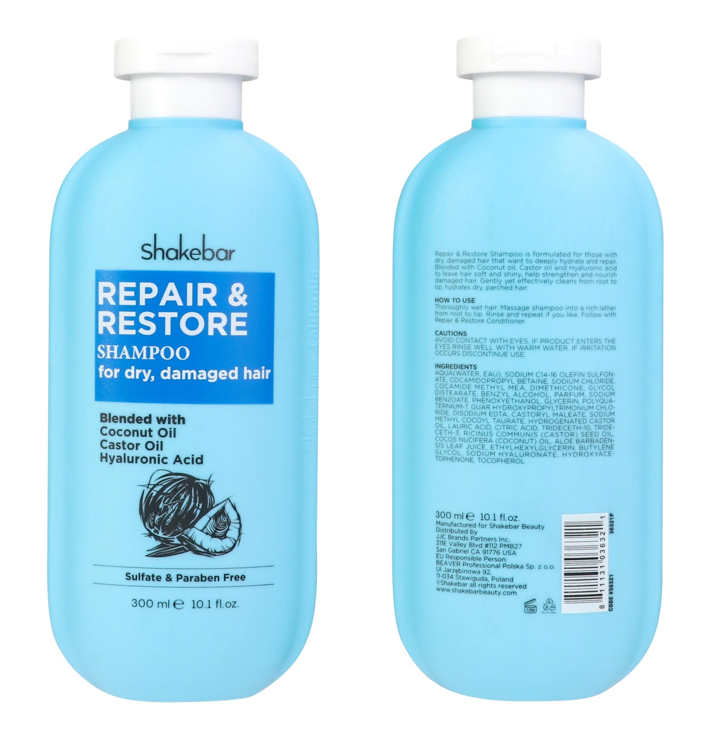 SHAKEBAR Coconut Shampoo and Conditioner, Natural Castor Oil Shampoo and Conditioner, Moisturize Dry & Damaged Hair, Hydration & Softens, Sulfate & Paraben Free.300ml / 10.1fl Oz.