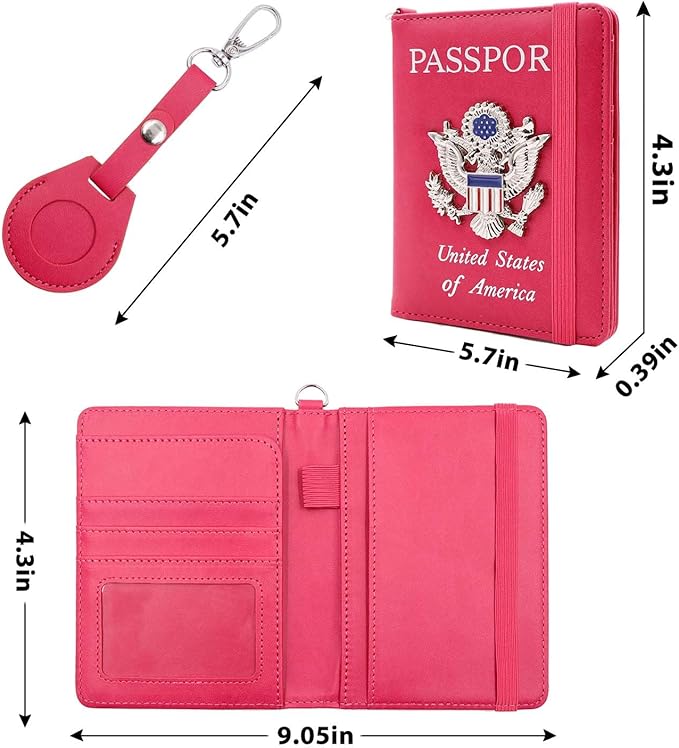 Cnycmy Passport Holder with Airtag slot,Passport-Wallet-Holder for Women,for Family, Rfid Passport Book Card Slot Waterproof, passport holder for travel (rose red1)