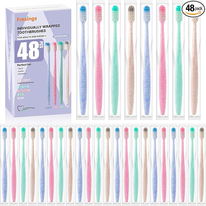 48-Pack Disposable Toothbrushes Individually Wrapped, Soft Bristle Bulk Travel Toothbrush for Adults, Kids, Guest, Hotel, Home, Camping, Donation – 4 Colors, Mini Manual Value Pack
