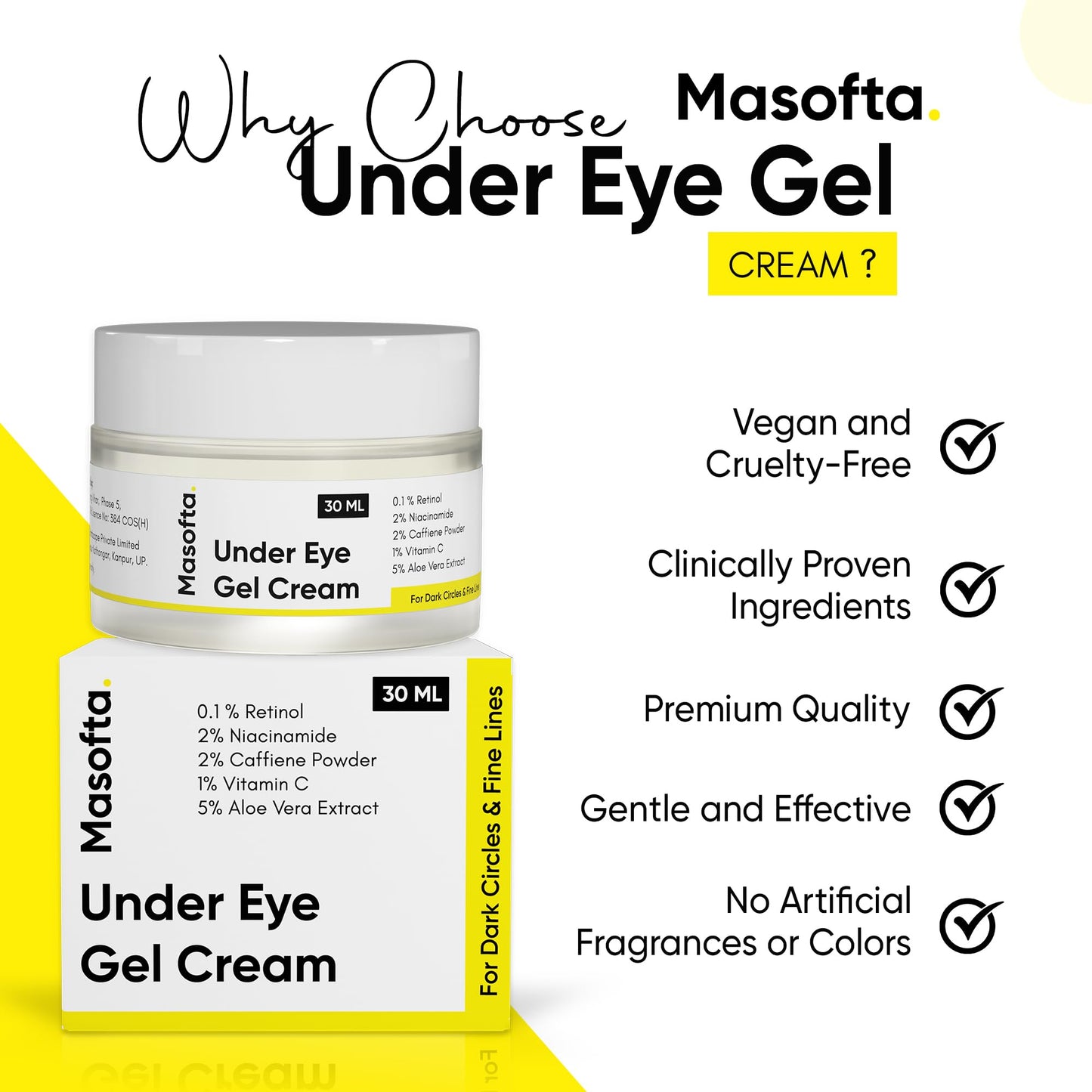Masofta Under Eye Gel Cream with Retinol, Niacinamide, Caffeine, Vitamin C, & Aloe Vera Extract for Dark Circles, Fine Lines, and Puffy Eyes, For both Men & Women, 30ML