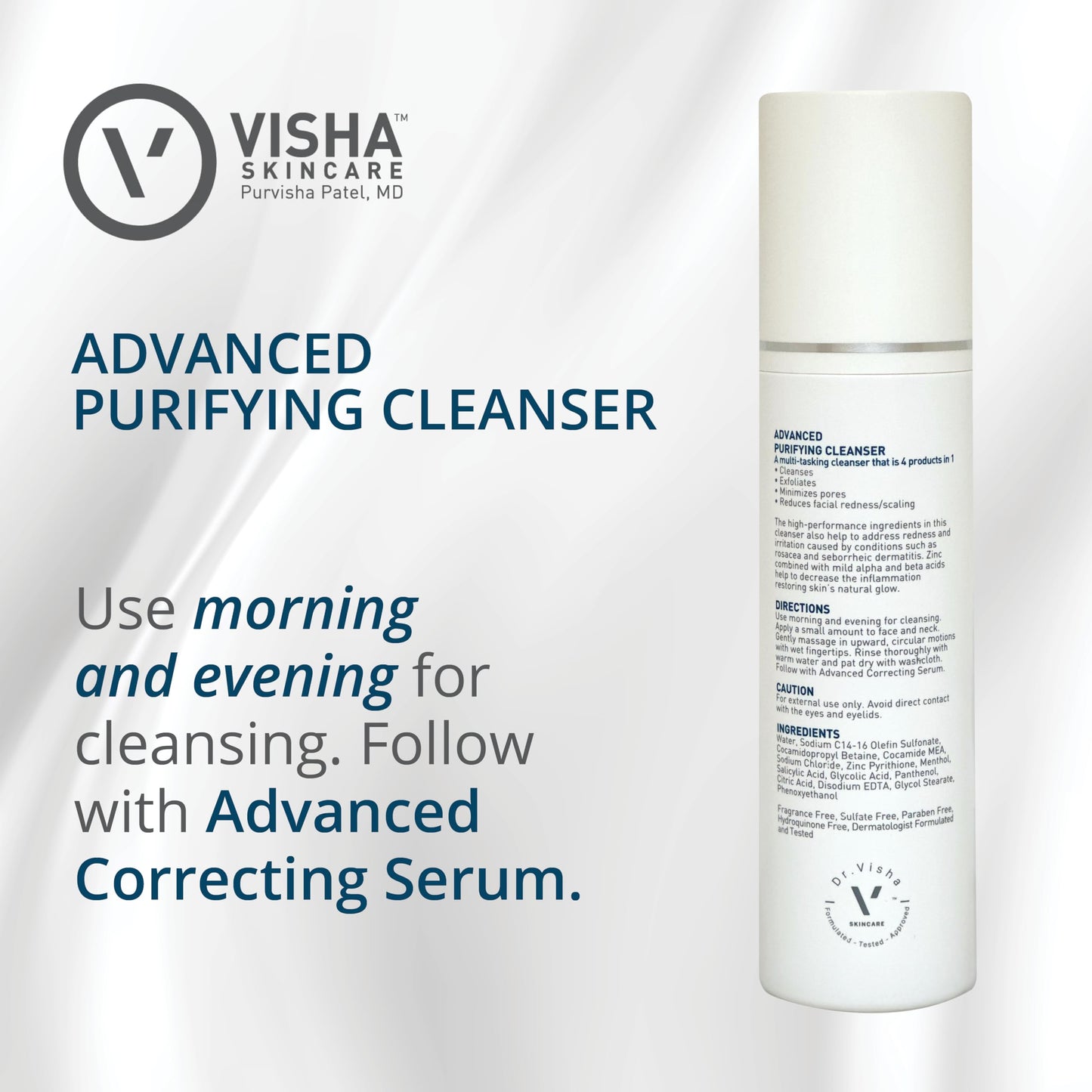 Visha Skincare Advanced 4 in 1 Multitasking Purifying Facial Cleanser, Face Wash to Reduce Facial Redness, Minimize Pores & Exfoliate Skin, Helps Restoring Skin's Natural Glow 6.8fl oz