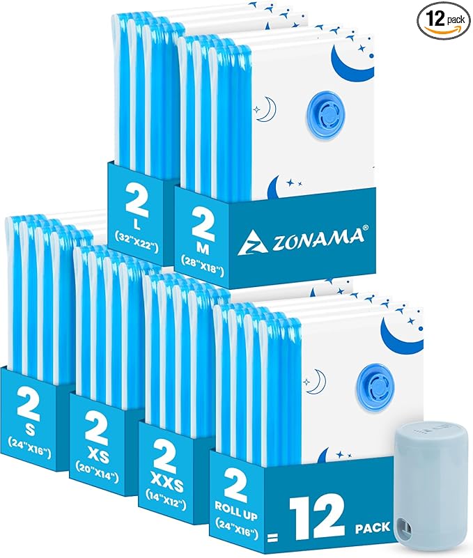 Vacuum Storage Bags with Electric Pump, 12 Pack Vacuum Sealed Bag with 1500mAh Rechargeable Battery for Clothes, Blanket, Duvets, Pillows, Comforters, Travel