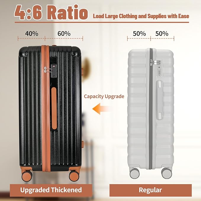 Carry-on 20 Inch and 28 Inch Square Thickened ABS+PC Hard Shell luggage, 2-Piece Suitcase Set with TSA Lock & Dual Zipper Mesh Inner Layer Design, Black Brown