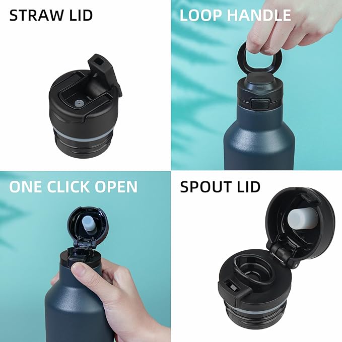 BJPKPK Insulated Water Bottle With Straw 25oz Stainless Steel Water Bottles With 2 Lids And Carry Handle Reusable Travel Metal Thermo,Navy Blue