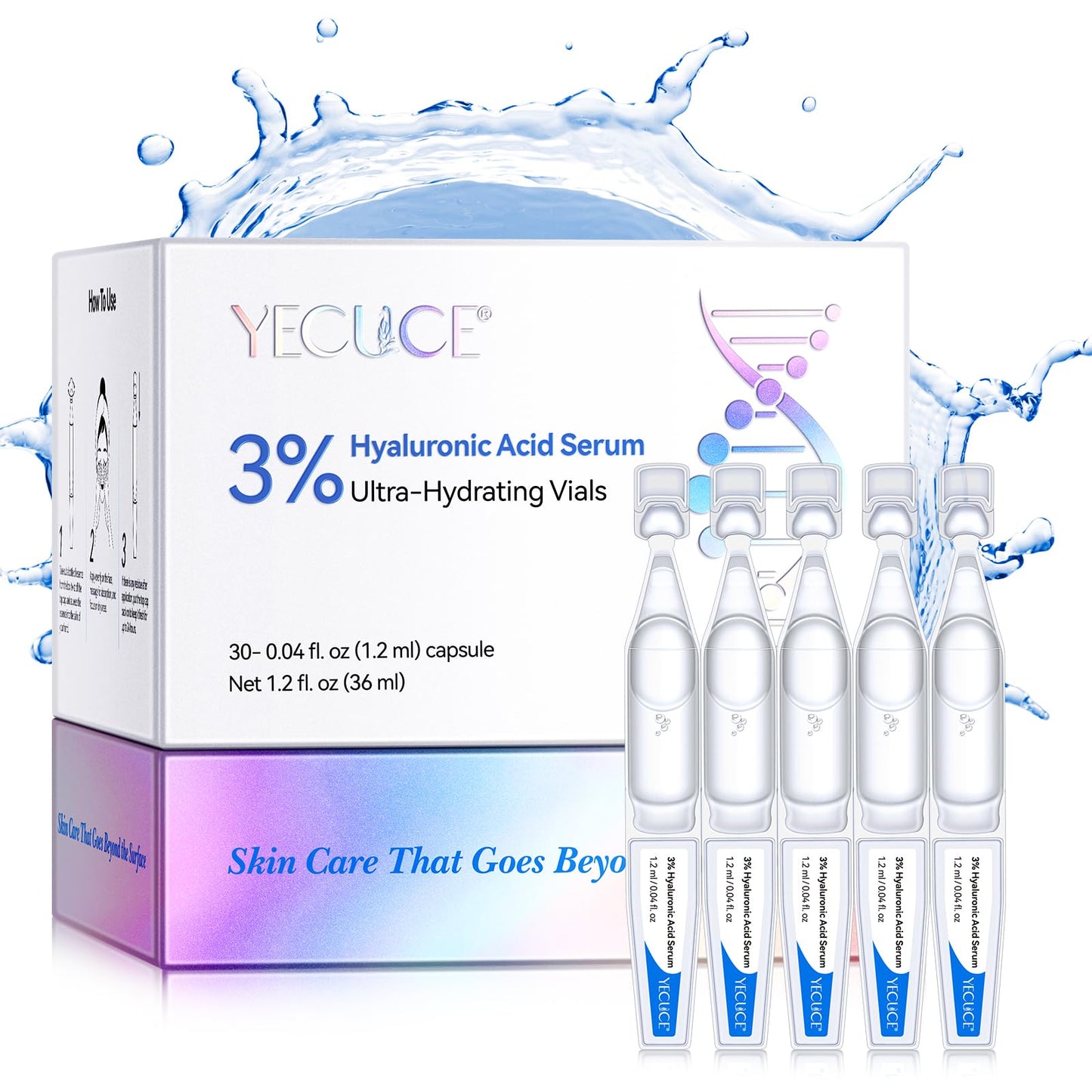 3% Hyaluronic Acid Serum for face, Hyaluronic Acid Tubes, Ultra-Hydrating Vials Serum Smoother Skin, Hyaluronic Acid Boosting Serum Single-Use Skincare 1.2ML*30