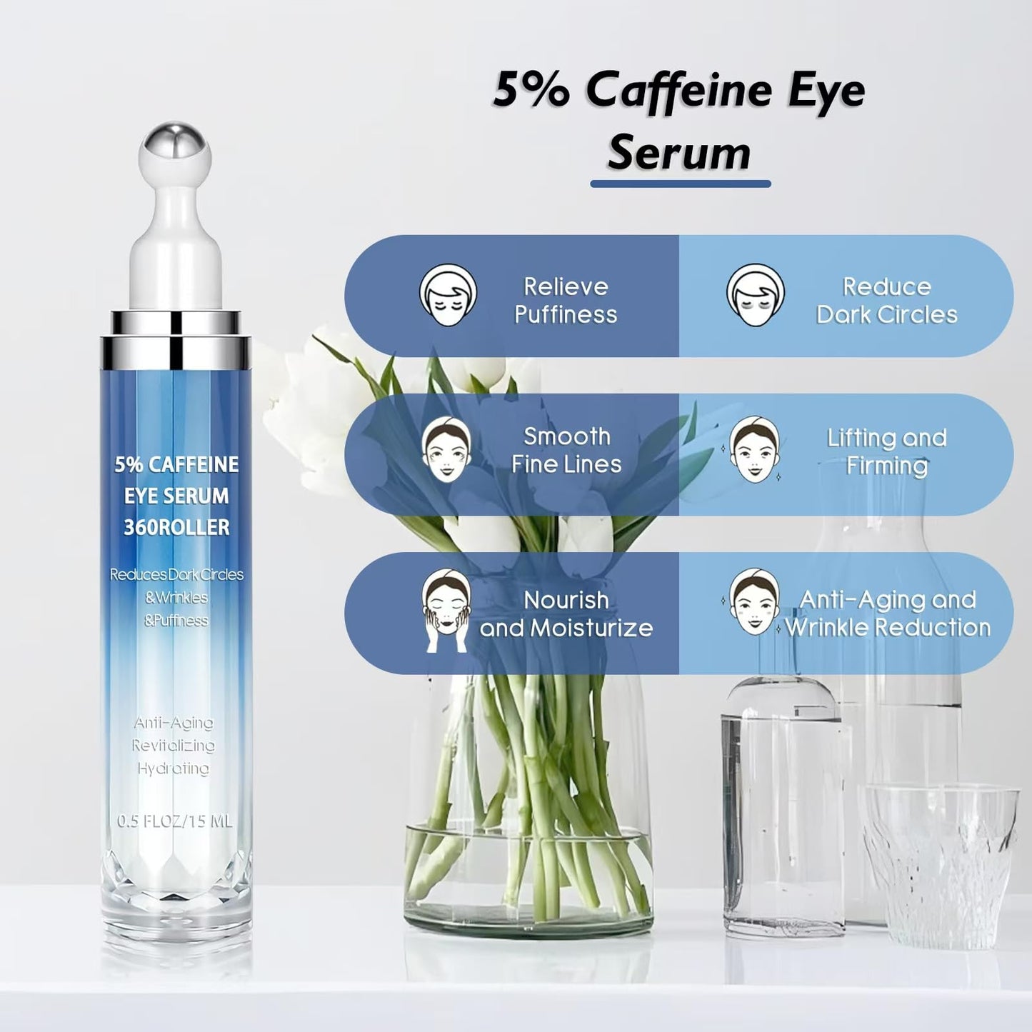 Caffeine & Retinol Eye Cream with 360° Massage Roller – Reduces Puffiness, Bags & Dark Circles – Peptides, Green Tea & Hyaluronic Acid – 15ml