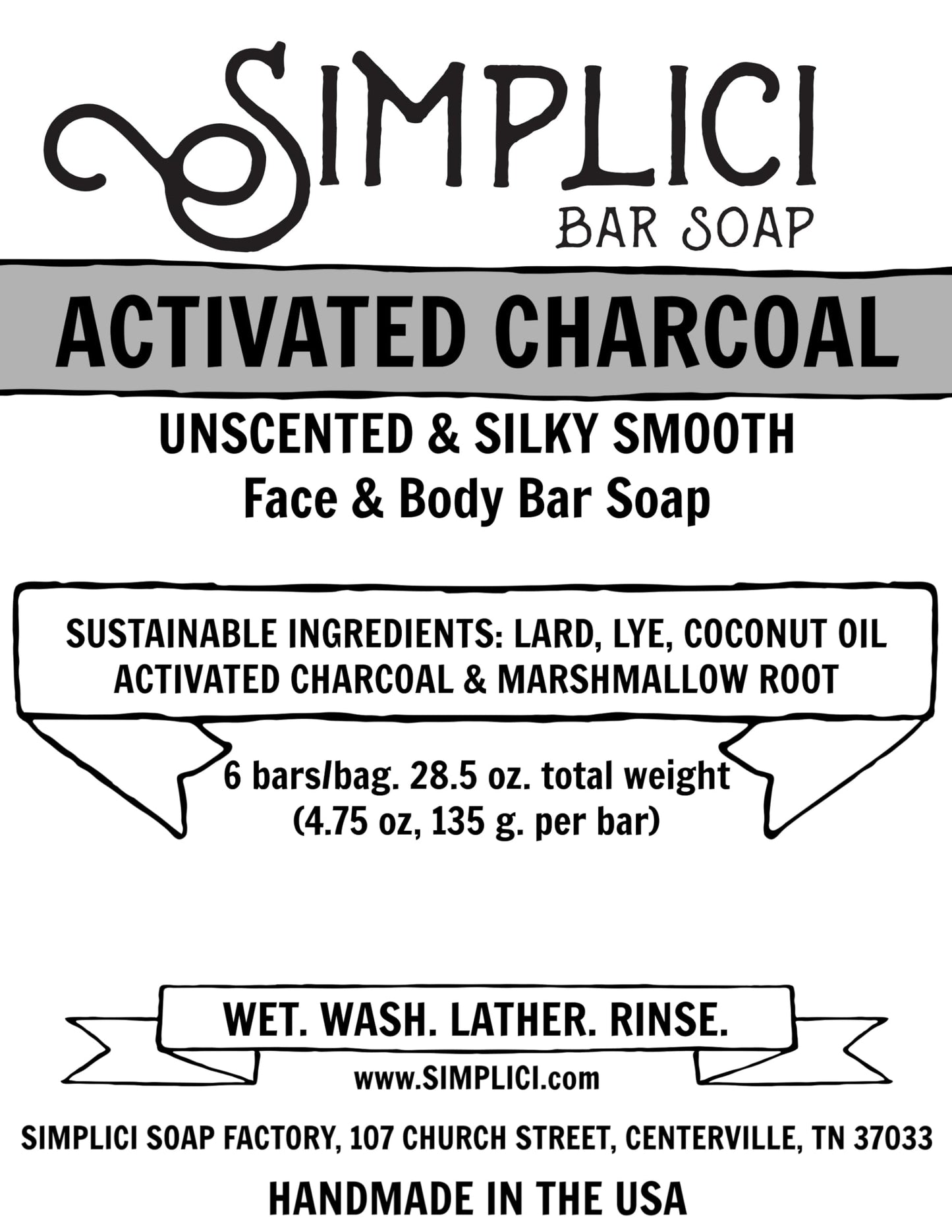 Simplici Activated Charcoal Natural Soap (smooth + for sensitive skin) 6 Bar Value Bag. Palm Free.