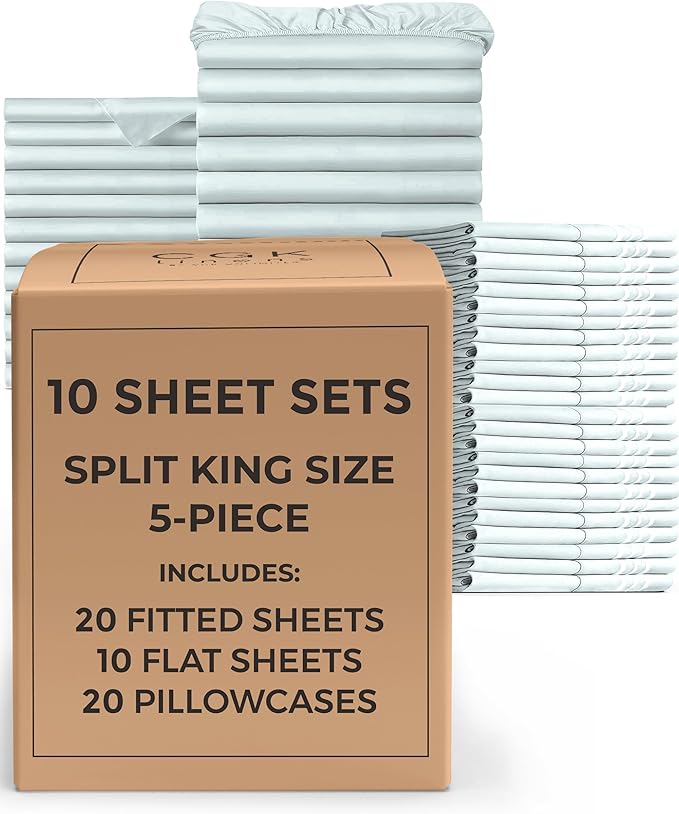 Bulk Case Pack of 10 Sheet Sets - (10) Complete Split King Size Sheet Sets w/ Deep Pockets - Wholesale Bulk Bedding for Hotels, Spas & Airbnbs - Breathable and Wrinkle Free - (Split King, Ice Blue)