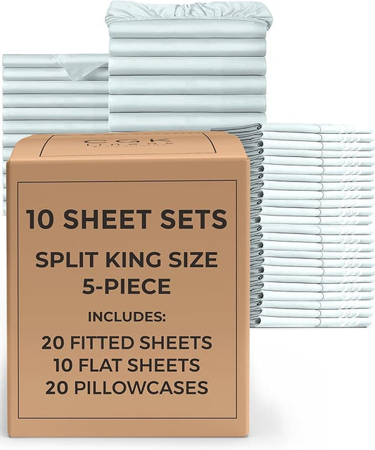 Bulk Case Pack of 10 Sheet Sets - (10) Complete Split King Size Sheet Sets w/ Deep Pockets - Wholesale Bulk Bedding for Hotels, Spas & Airbnbs - Breathable and Wrinkle Free - (Split King, Ice Blue)