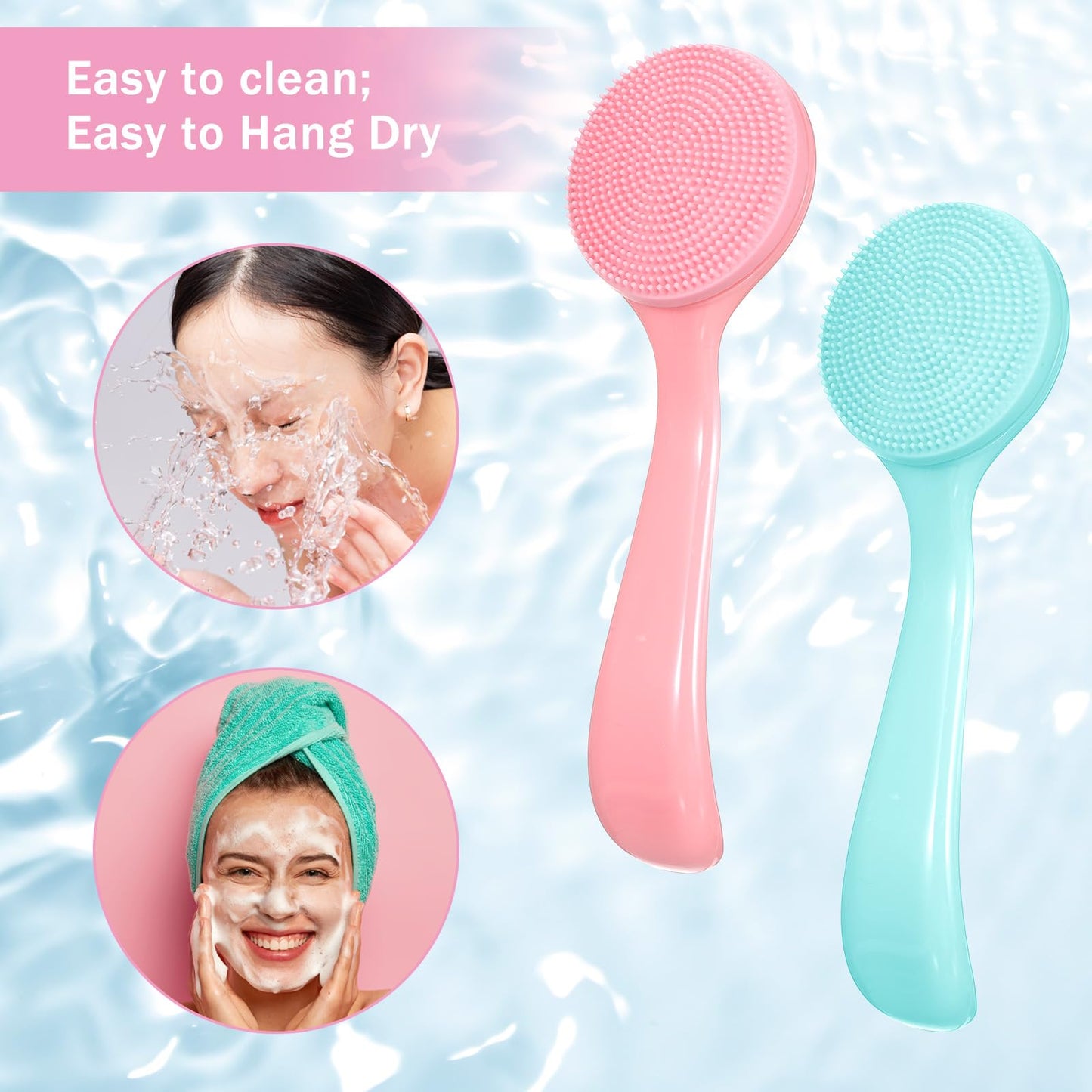 JJUNW 4 Pack Silicone Manual Facial Cleansing Brush, Skin Friendly Waterproof Face Cleaning Scrubber Exfoliator Brush for Blackheads Whiteheads Makeup Residues Removal (Blue, Pink)