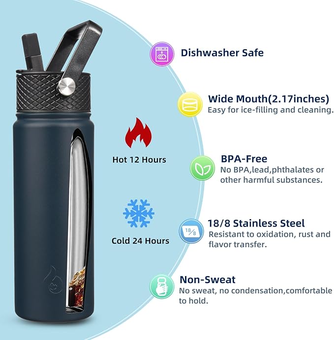 BJPKPK Insulated Water Bottles with Straw Lid, 22oz Cold & Hot Thermo, Stainless Steel Metal Water Bottle with 3 Lids, Reusable Thermo, Cups, Mugs for Daily Use-Navy Blue