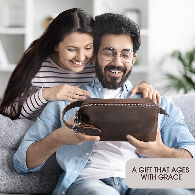 100% Genuine Leather Toiletry Bag for Men - Premium Handmade Crazy Horse Grain Leather - Best Gift for Men- Travel Toiletry Organizer - Shaving Bag for Toiletry Hanging Dopp Kit for Father Husband