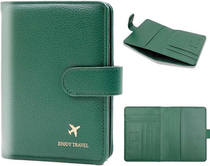 Cnycmy Passport Holder with RFID Blocking, Cash Pocket & Back Zipper Coin Pocket - Travel Document Holder, Magnetic Button, Multiple Card Slots - Soft PU Leather for Men and Women(MOSS GREEN)