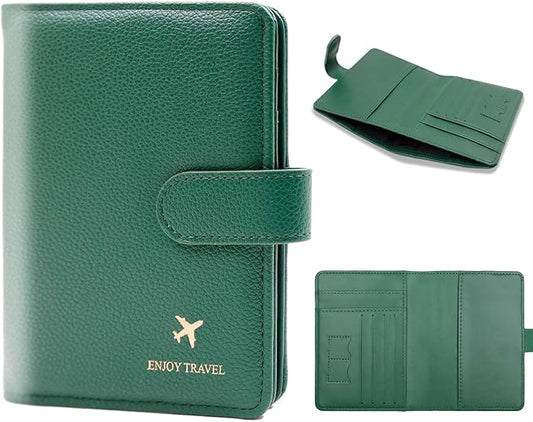 Cnycmy Passport Holder with RFID Blocking, Cash Pocket & Back Zipper Coin Pocket - Travel Document Holder, Magnetic Button, Multiple Card Slots - Soft PU Leather for Men and Women(MOSS GREEN)