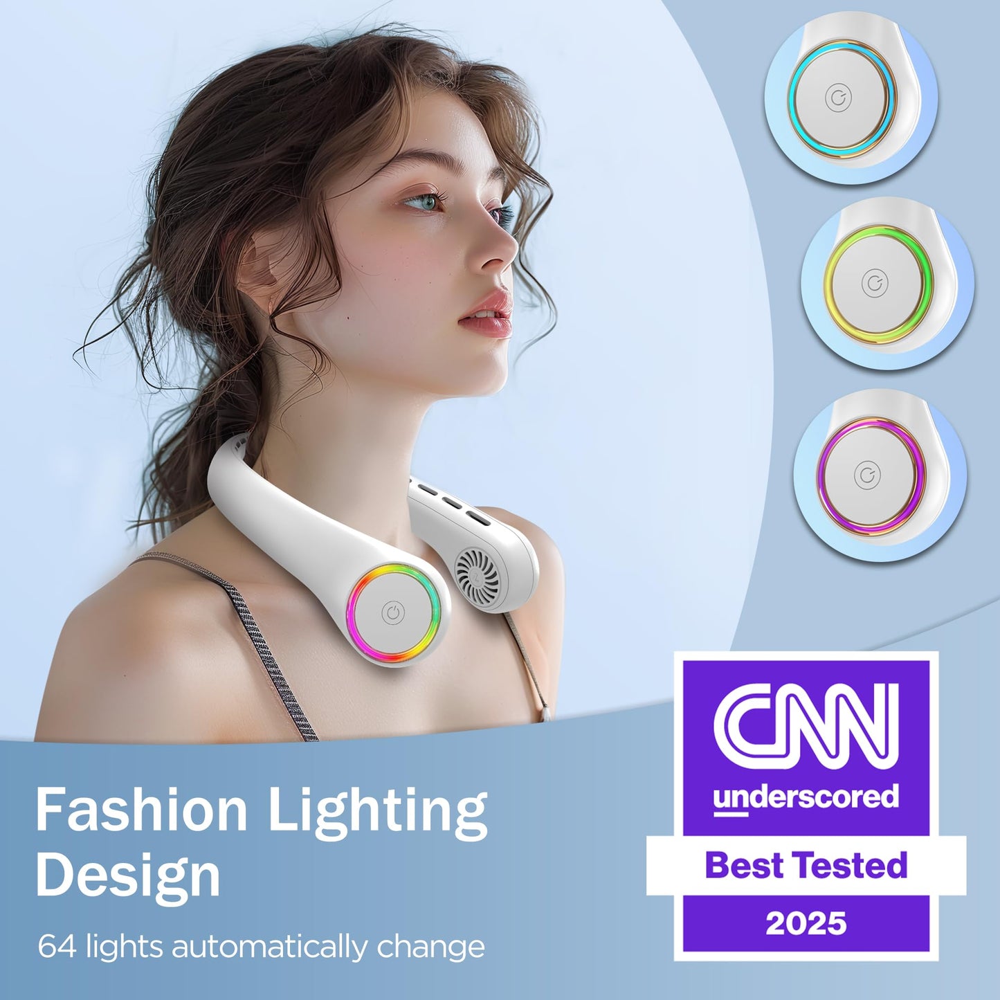 GULAKI Portable Neck Fan, Personal Fan with 4000mAh Battery, Rechargeable Neck Fan with 3 Speeds and 64 Cool Lights, Birthday Gifts for Men Women Mom Dad, Hands Free Cooling fan for Summer(White)