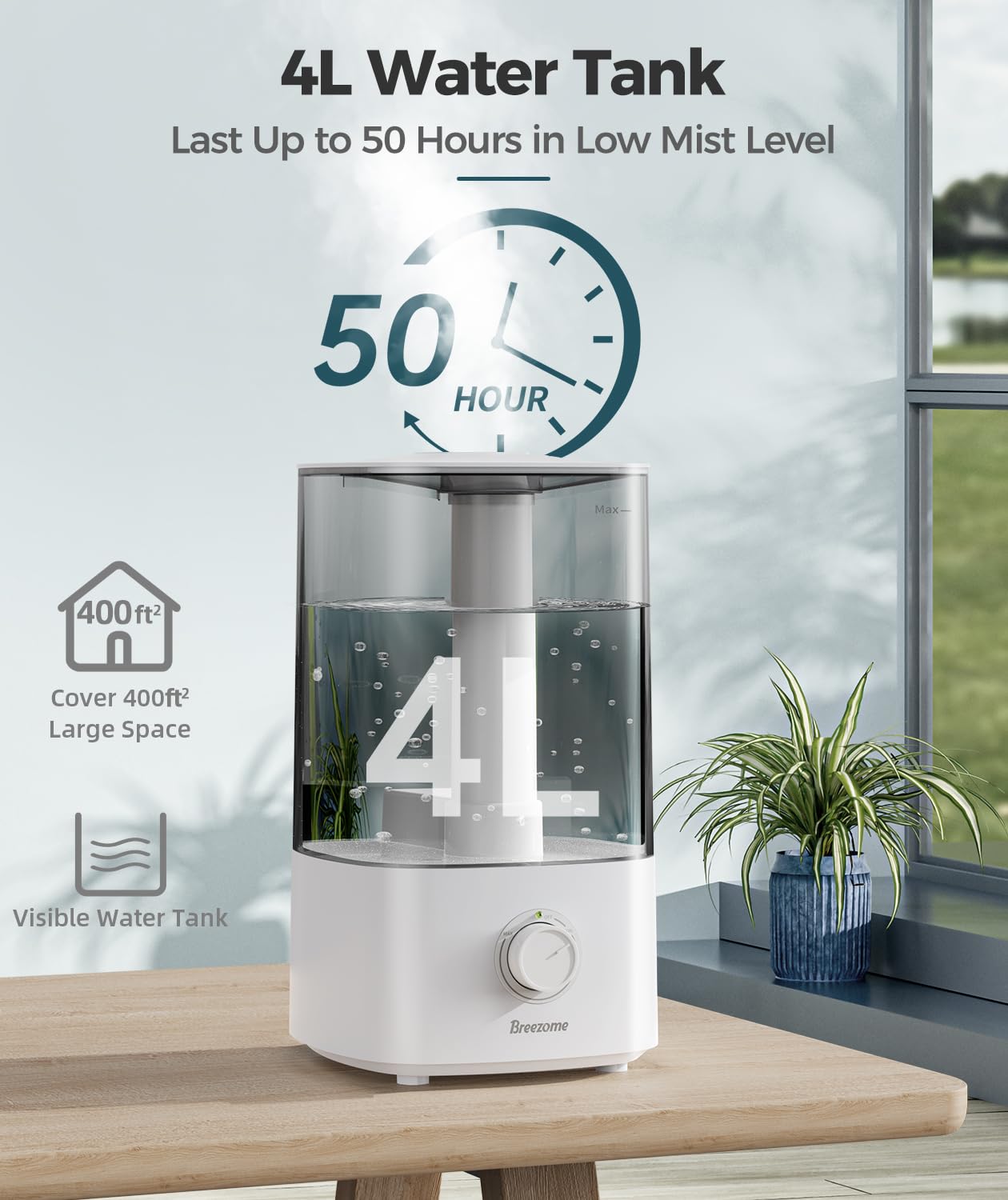 BREEZOME 4L Humidifiers for Bedroom, Essential Oil Diffuser, Top Fill Cool Mist Ultrasonic Humidifiers for Baby, Plants, Nursery, Humidifier for Large Room Last up to 50 Hours, Quiet Operation