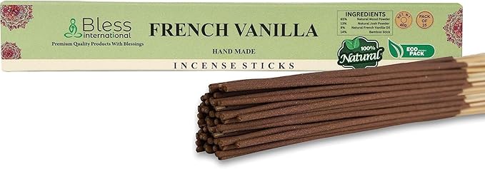 Bless-French-Vanilla 100%-Natural-Handmade-Hand-Dipped-Incense-Sticks Organic-Chemicals-Charcoal-Free Purification-Relaxation-Positivity-Yoga-Meditation Best-Woods-Scent (25 Sticks (1.4 OZ))