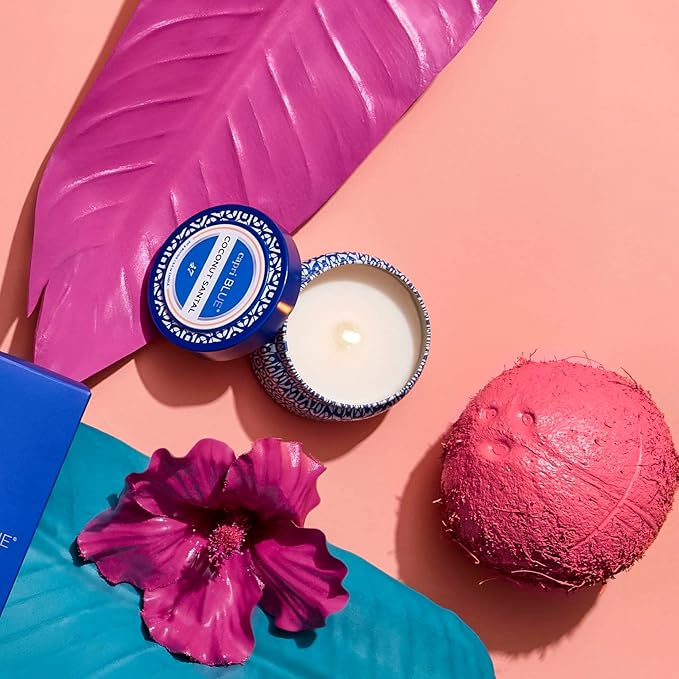 Capri Blue Printed Travel Tin Jar Candle - Luxury Candle with a Soy Wax Blend - Blue Candle with Lid - Scented Candles for Home with Notes of Hibiscus, Lime, Coconut & Amber (Coconut Santal, 8.5 oz)