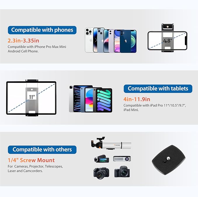 75" Camera Tripod, Heavy Duty Aluminum Camera Stand for ipad Phone, Travel Tripod with Remote/Carry Bag/Phone Tablet Holder, Compatible with DSLR, Spotting Scopes, Max Load 15 Lb(Grey)