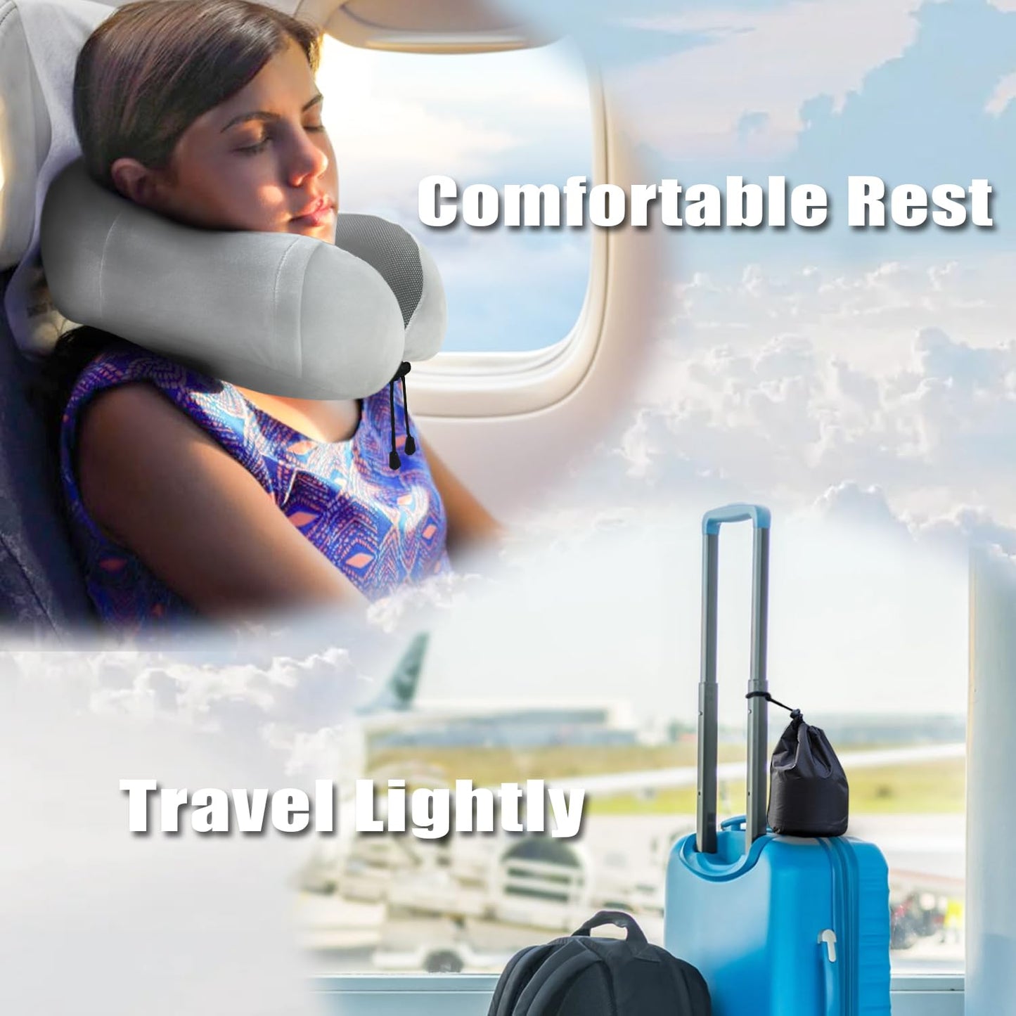 Travel Pillow, Memory Foam Neck Pillow for Traveling, U Shape Neck Pillow Airplane Portable Flight Pillow Travel Kit with 3D Contoured Eye Masks and Earplug for Plane Train Car Home Office - Grey