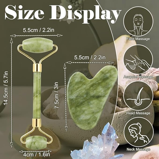 Jade roller and gua sha, facial roller, women's skincare tool, self-care gift, face, eye, neck massager, relieves fine lines and wrinkles, aventurine, opal, rose quartz
