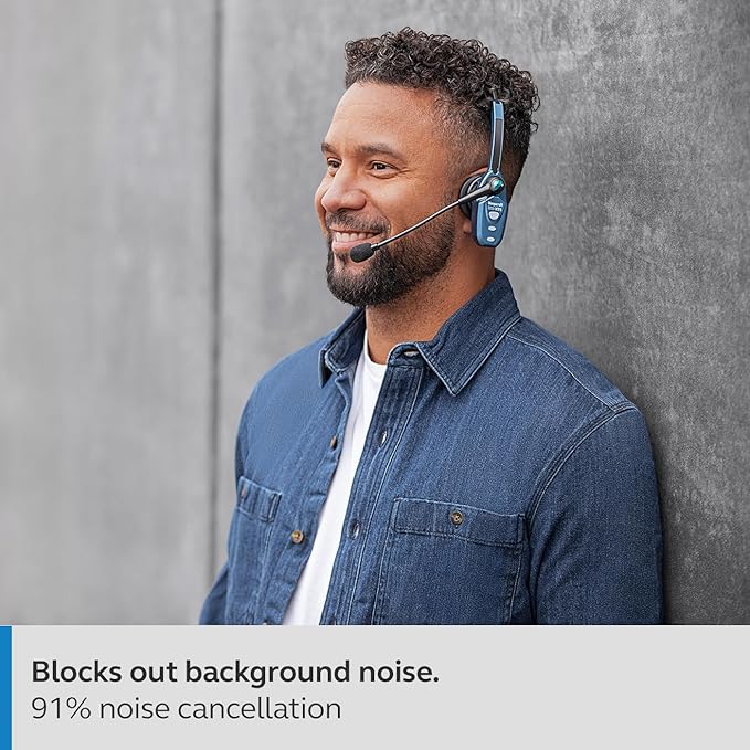 BlueParrott B250-XTS Mono Bluetooth Wireless Headphones 91% Noise Canceling Over Head Trucker Headset with Mic, Lightweight Design with Adjustable Headband, 20 hrs. Talk Time, Blue