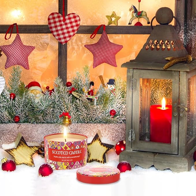 Set of 4 Lavender&Juniper, Fig, Clove and Cherry Scented Candles Gift Set for Christmas Women, Small 4.4oz Decorative Natural Soy Wax Aromatherapy Candles with Lids in Flower Tins for Home Decoration