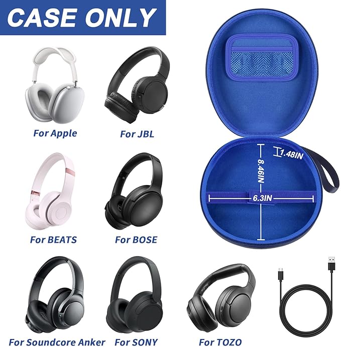 Comecase Universal Headphone Case Comepatible with JBL/for Beats/for Sony/for Bose Max Over Ear Headphone and More, Travel Carrying Box for Bluetooth Wireless Headset (Blue)